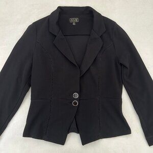 black slightly cropped blazer with cutout designs
brand: olm • size M • great pr
